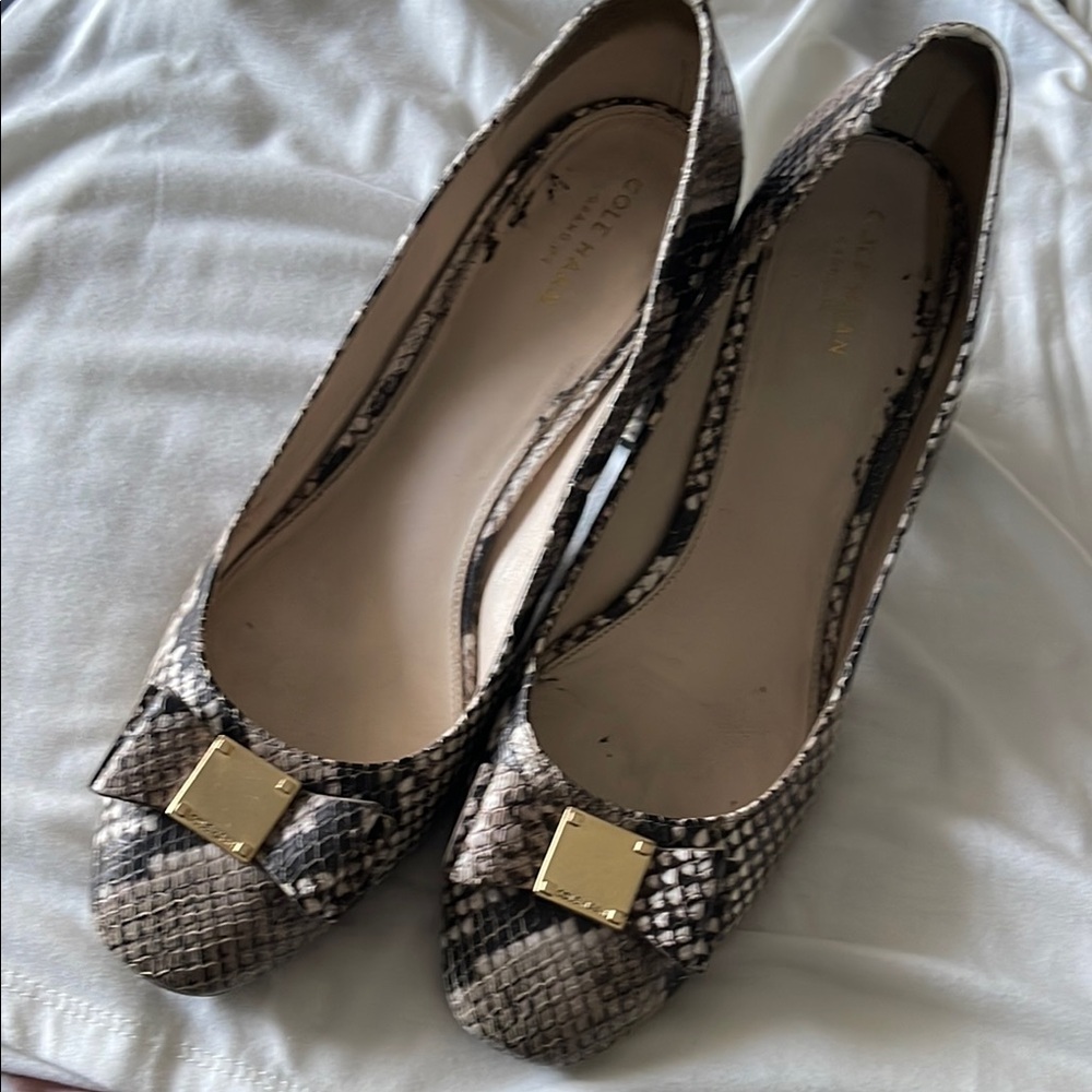 Cole Haan Brown Beige block heel Snakeskin Texture and Gold-Toned Embellishment